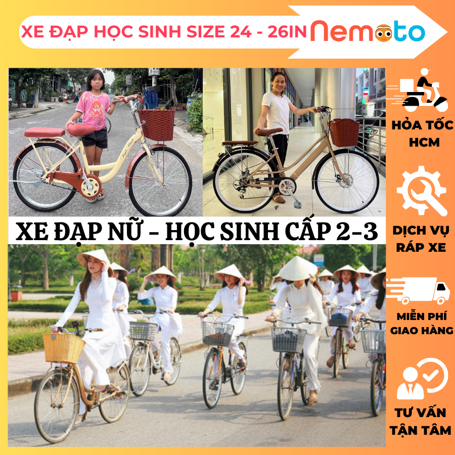 Xe Đạp Học Sinh Mini - Hãng Việt Nhật, Vicky - Khung Sườn Chắc Chắn Đủ Màu 24-26inch - Giao 24h HCM