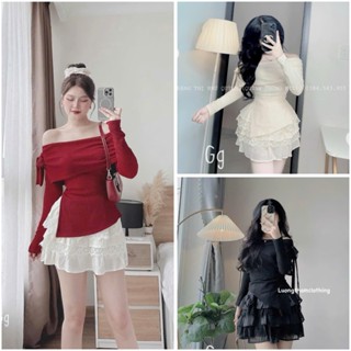 Set váy thiết kế siêu dễ thương cho nàng đi chơi, cafe cực xinh,set áo trễ vai tay dài vạt xéo xẻ tà 1 bên phối váy tầng