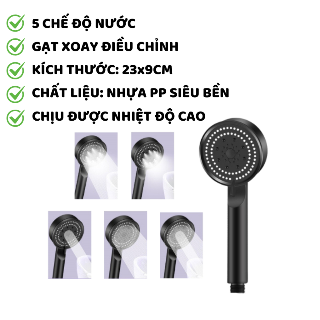 Vòi sen tăng áp 5 chức năng nước, đầu vòi hoa sen nóng lạnh không nút bật tắt màu ĐEN, chất liệu nhựa PP tiết kiệm nước | BigBuy360 - bigbuy360.vn