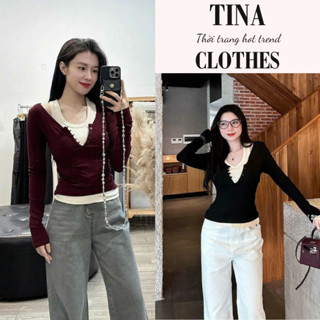  Áo thun nữ cao cấp mặc mùa đông cổ tròn dài tay Tina set thu đông cổ tròn phối áo cardigan mỏng màu đỏ hcom3383 