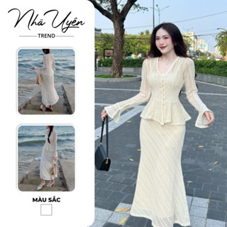 Set váy thiết kế bánh bèo cho nàng đi biển, đi du lịch, set áo cổ v tay loe nút bọc dáng peplum phối chân váy đuôi cá