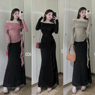 Set váy áo thun nhũ đẹp sang trọng kiểu trễ vai dài tay đính bông hoa chân váy đuôi cá poly dáng dài