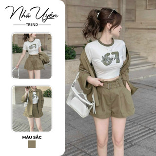  Set 3 món fashion nữ set áo thun crotop 67 phối quần short ống rộng kem khoác siêu xinh cho các nàng đi chơi đi cafe 