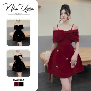 Đầm váy nữ đi tiệc,Đầm NHUNG CỨNG trễ vai đính nơ tag đá thiết kế sang trọng ,phù hợp đi tiệc,diện TẾT siêu dễ thương