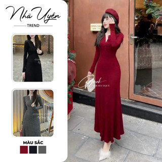  Đầm váy thời trang nữ,ĐẦM BODY dáng dài xoè nhẹ cổ cúc tay dài chất thun tăm lạnh diện tết dạo phố thoải mái sang trọng 