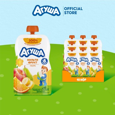 Thùng 10 Gói Trái cây nghiền vị táo, lê, chuối, đào, cam Agusha 90g/gói dành cho bé từ 6 tháng trở lên