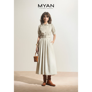 MYAN DESIGN Áo Cổ Sơ Mi Tay Lỡ Bo Gấu Phối Chân Váy Xếp Ly Dài Dạ Text AFW241044 VFW241022