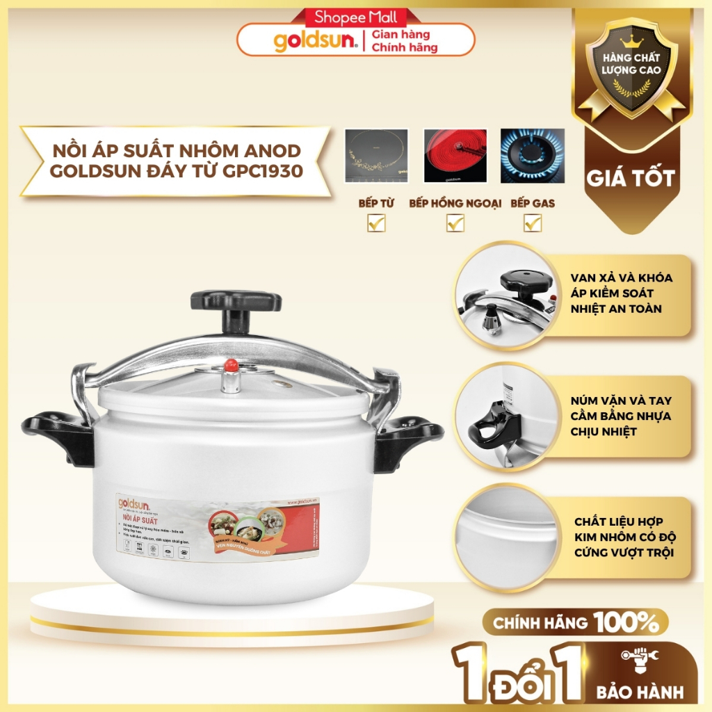 Nồi Áp Suất Nhôm Anod Goldsun Đáy Từ Nhiều Dung Tích, Dùng Trên Mọi Loại Bếp - GPC1930