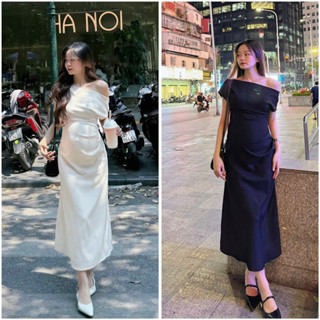 Váy body thiết kế trễ vai HamyClothing Đầm dự tiệc vải chéo hàn Bigsize không nhăn mùa đông