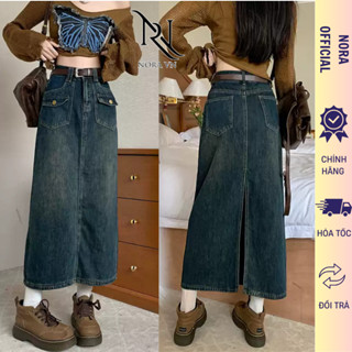 Chân váy jean retro cạp cao túi hộp Acocado dáng váy chữ A xẻ tà phong cách Hàn Quốc