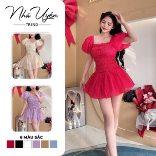 Đầm thiết kế công chúa dễ thương bánh bèo, đầm đũi nhún ngực thắt nơ cổ vuông tay bồng 6 màu siêu xinh