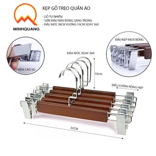  móc,kẹp treo quần áo bằng gỗ nâu đầu kẹp inox sáng bóng đầu móc xoay 360 dùng cho cửa hàng shop thời trang và gia đình 