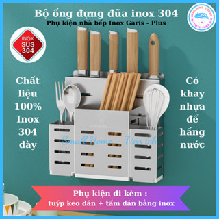 Bộ ống đũa Garis Plus Inox 304 cao cấp dán tường, Ống đựng đũa Inox SUS 304, kệ gài dao kéo nhà bếp