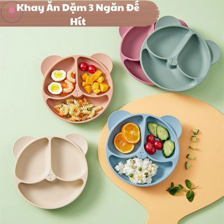 Khay Ăn Dặm Silicon KidsWorld Có Đế Hít Chống Đổ Hình Gấu 3 Ngăn Cho Bé ăn dặm có thể tiệt trùng