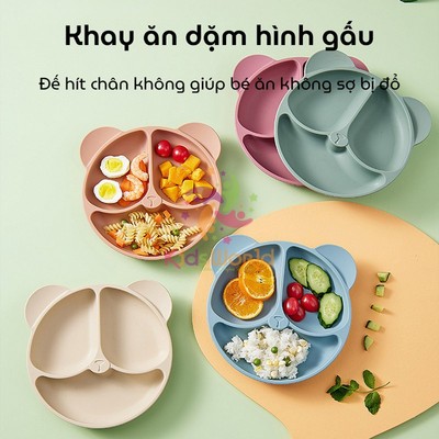 Khay cho bé ăn dặm silicon hình gấu KidAndMom 3 ngăn có đế hút chân không chống trơn trượt