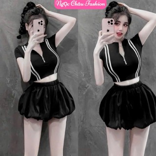 Set áo thun tay ngắn croptop phối dây kéo zip + quần đùi bí phồng form 40-53kg [CÓ QUẦN LẺ]