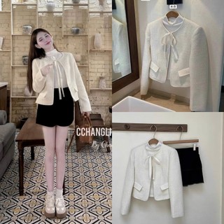   Sẵn METWO. - Set áo khoác dạ tweed bling cổ thắt nơ SENDUODUO QC kèm áo thun trắng giữ nhiệt cổ leo 3p ulzzang HQ #6991 