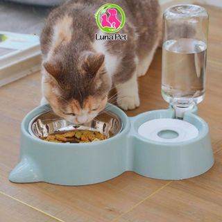 Bát đựng thức ăn cho chó mèo LunaPet BA01 , bát ăn đôi có bát inox và bình nước tự động 500 ml