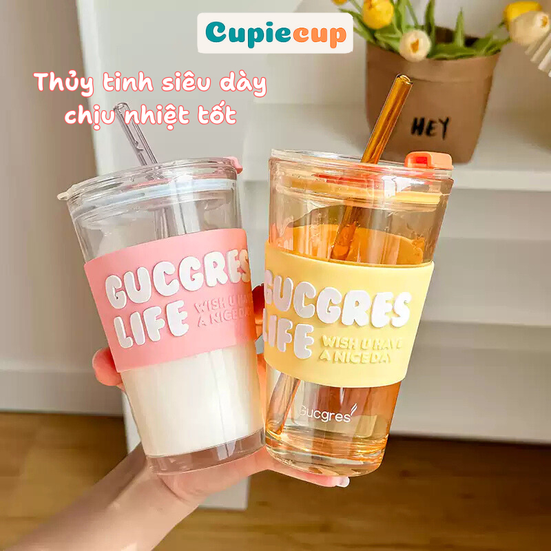 Cốc Thủy Tinh Kèm Nắp, Ly Thủy Tinh Đựng Trà Sữa, Cafe, Phong Cách Hàn Quốc BTT016