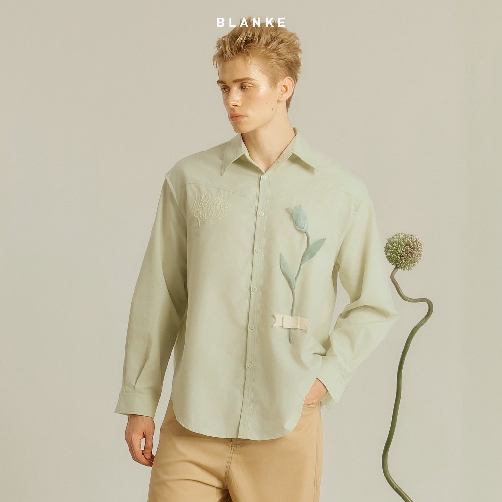 BLANKESPACE Áo Sơ Mi Tay Dài Avocado Shirt Vải Cotton Sợi Chéo Màu Xanh Bơ Đính Kèm Hoa Tulip Nam Nữ Unisex