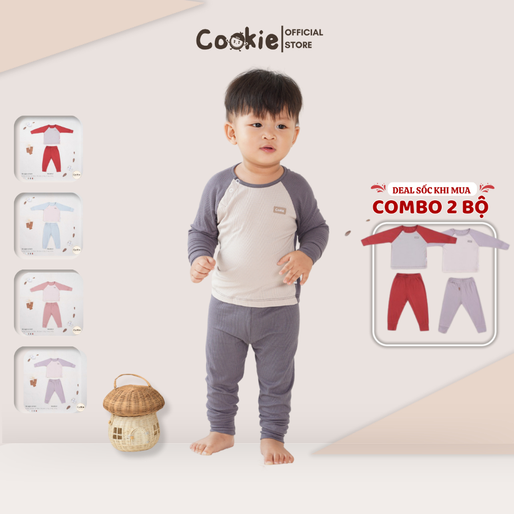 Bộ Dài Tay Giữ Nhiệt COOKIE, Bộ Quần Áo Dài Tay Raglan Cài Lệch Cho Bé Chất Liệu Cotton Tăm Lạnh SIze 6 Tháng Đến 5 Tuổi