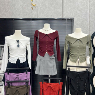 Áo len tăm trễ vai đính khuy tay dài rút eo quyến rũ A490