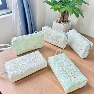 Túi đựng bút handmade làm từ vải gấm xốp tông màu xanh / bóp viết to đựng được máy tính casio