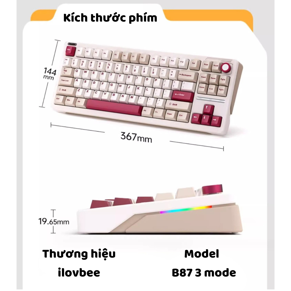 Bàn phím cơ không dây iloubee B87 - Full Foam - Có núm tùy biến - 3 Mode - LED RGB - App marco - Mạch Xuôi | BigBuy360 - bigbuy360.vn