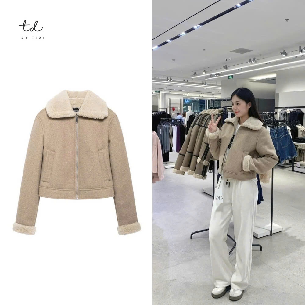  áo khoác dạ Zara nữ dáng ngắn cao cấp cổ màu be phối cổ bẻ tay áo lông cừu kéo khóa basic năng động BTD53 