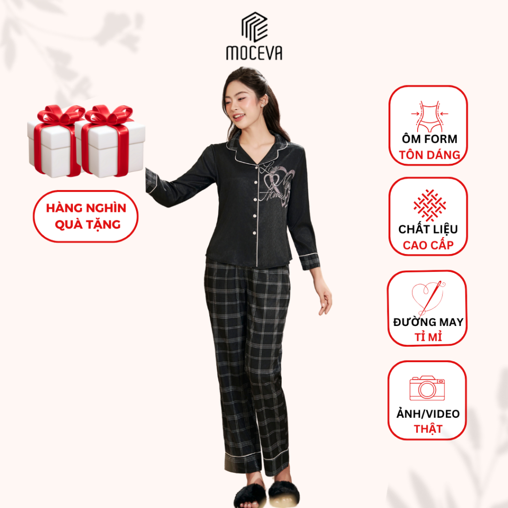 Bộ Pyjama lụa vân cao cấp tay dài quần dài caro thiết kế sang trọng trẻ trung Mộc Eva LXD22415