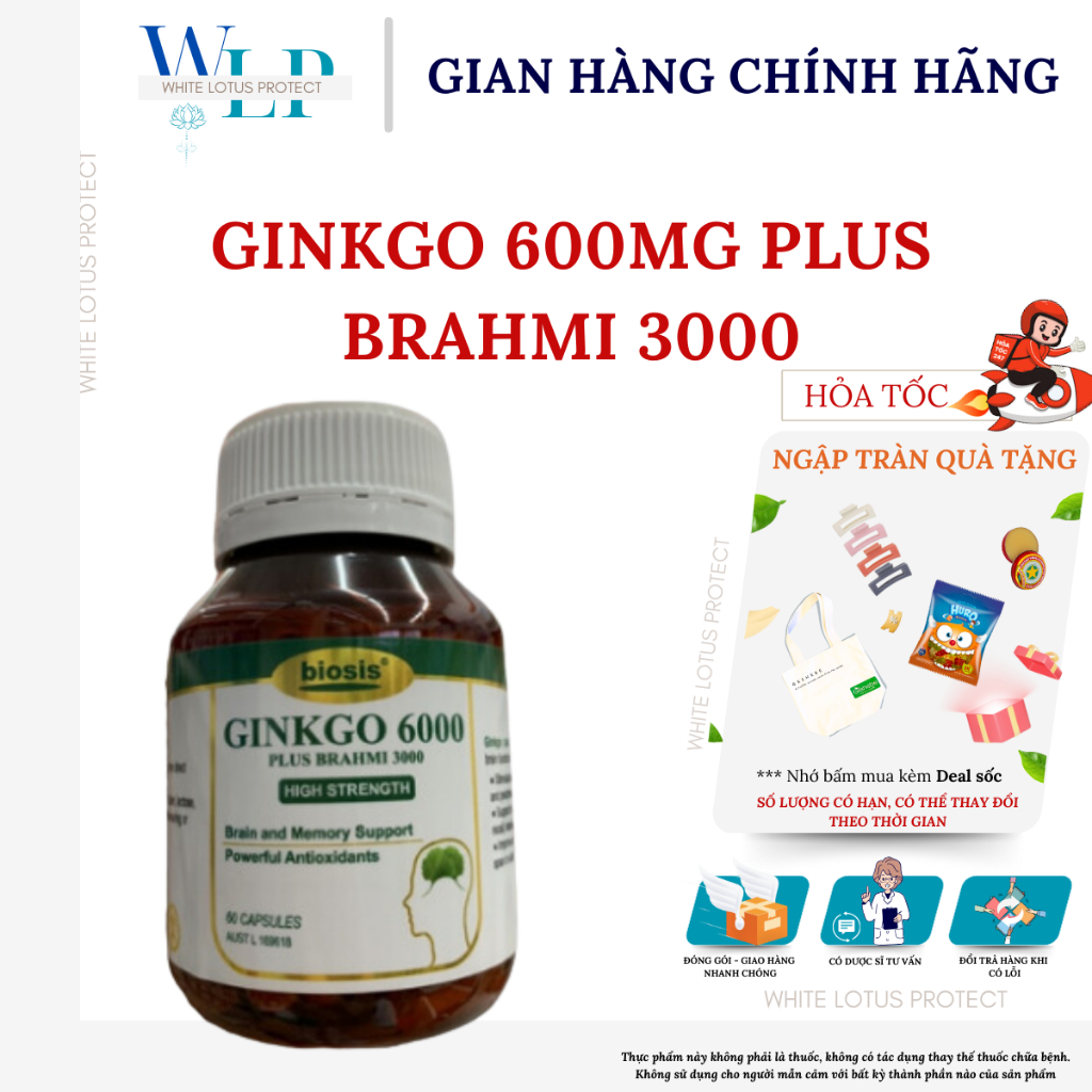 [HCM] Ginkgo 600mg Plus Brahmi 3000 Viên uống bổ não (H/60 viên)