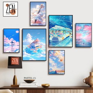 Bộ 6 tranh dán tường treo tường pastel xanh hồng phong cảnh anime dễ thương- decor trang trí phòng ngủ - treo phòng bé