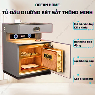 Tủ Đầu Giường OCEAN Tủ Đầu Giường Thông Minh Kết Hợp Két Sắt Vân Tay Có Loa Bluetooth 2 Màu Đen Trắng, KT: C58*R40*S45cm