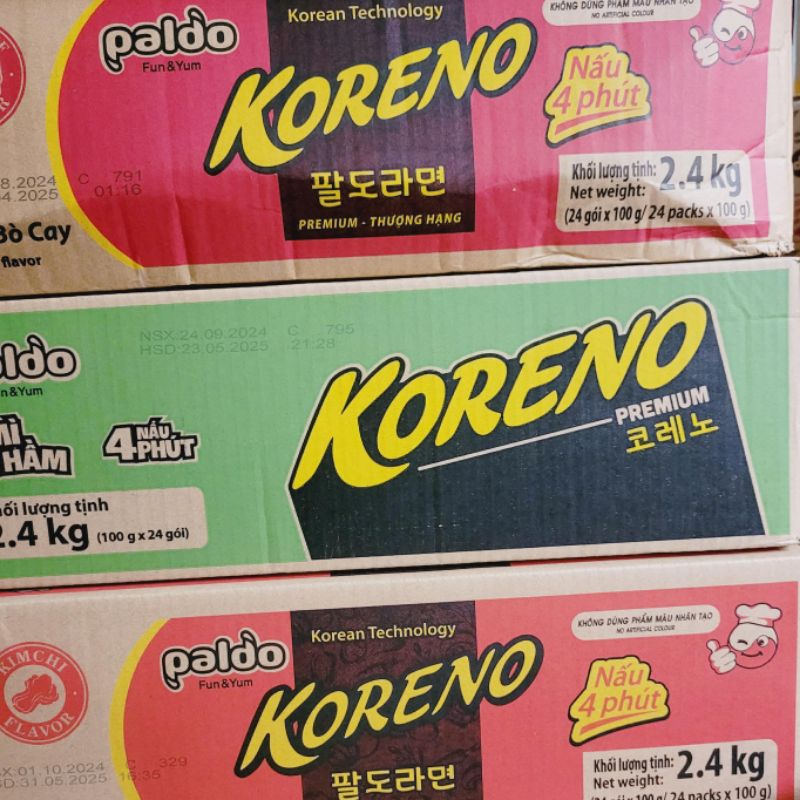 Thùng mì tôm Koreno vị gà, bò, kim chi, ngao 24 gói