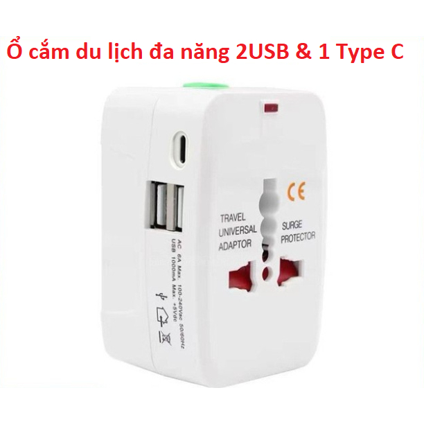 Ổ Cắm Du Lịch Đa Năng Có 2 Cổng USB và 1 Type C