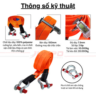 Dây cáp kéo xe cứu hộ ô tô 20 tấn JUMPO bản 100mm 5m,6m,8m,10m 2 ĐẦU MẮT - MAY 2 LỚP (Tặng 2 ma ní)