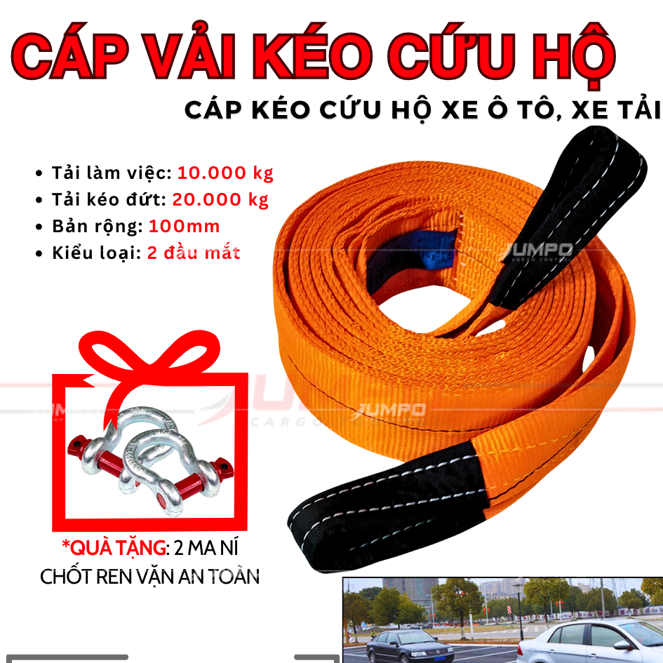 Dây cáp kéo xe cứu hộ ô tô 20 tấn JUMPO bản 100mm 5m,6m,8m,10m 2 ĐẦU MẮT - MAY 2 LỚP (Tặng 2 ma ní)
