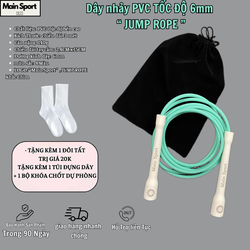 DÂY NHẢY PVC Cao Cấp "JUMP ROPES" 6mm Boxing- Dây nhảy thể Lực - Tốc Độ- Gym + Tặng kèm 1 Đôi Tất ( 