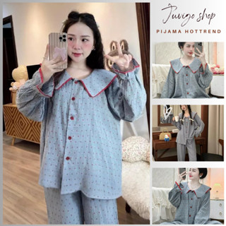 Bộ ngủ dài tay nữ, pijama dài tay cổ sen cài cúc dọc phối màu viền họa tiết chấm bi đỏ siêu xinh Juvigo HCOM3163