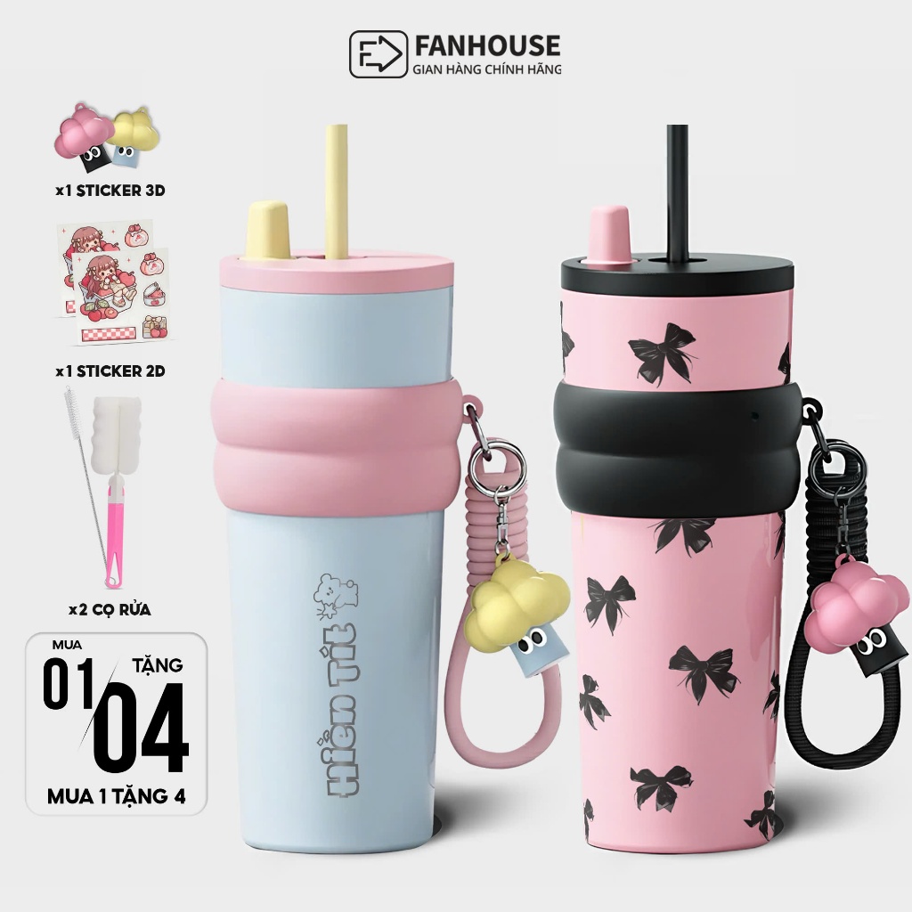 Ly giữ nhiệt Candy dung tích 710 ml chất liệu inox 316 ống hút linh động Fan House khắc tên theo yêu cầu