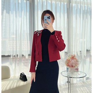 Áo Blazer Nữ CCHAT Dáng Ngắn Suông Kiểu Cổ V Trang Trí Nơ Chât Liệu Dạ Tweed 24EHZ5002ST