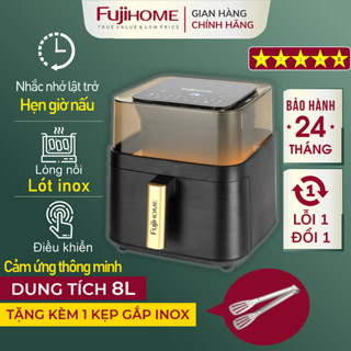 Nồi chiên không dầu 8 Lít FUJIHOME cảm ứng tặng kèm gắp, Lò chiên kính trong suốt 8L hẹn giờ nấu