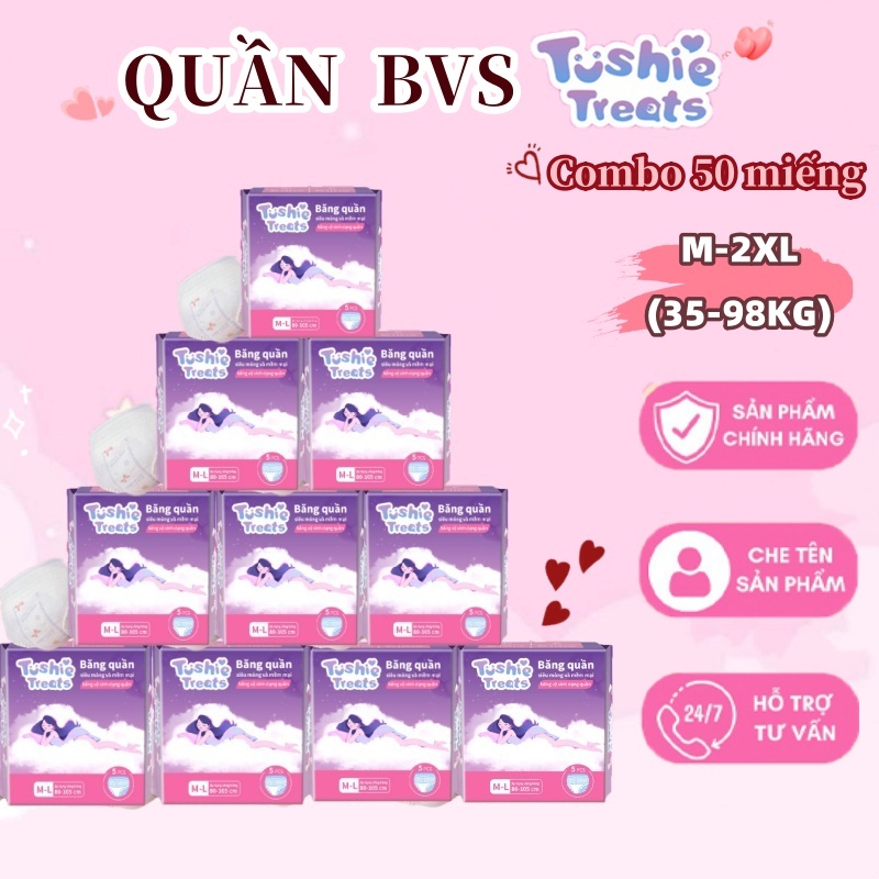 Combo 50 miếng băng vệ sinh dạng quần Tushie Treats size M-2XL, Quần bvs mềm mịn, không cộm, không l
