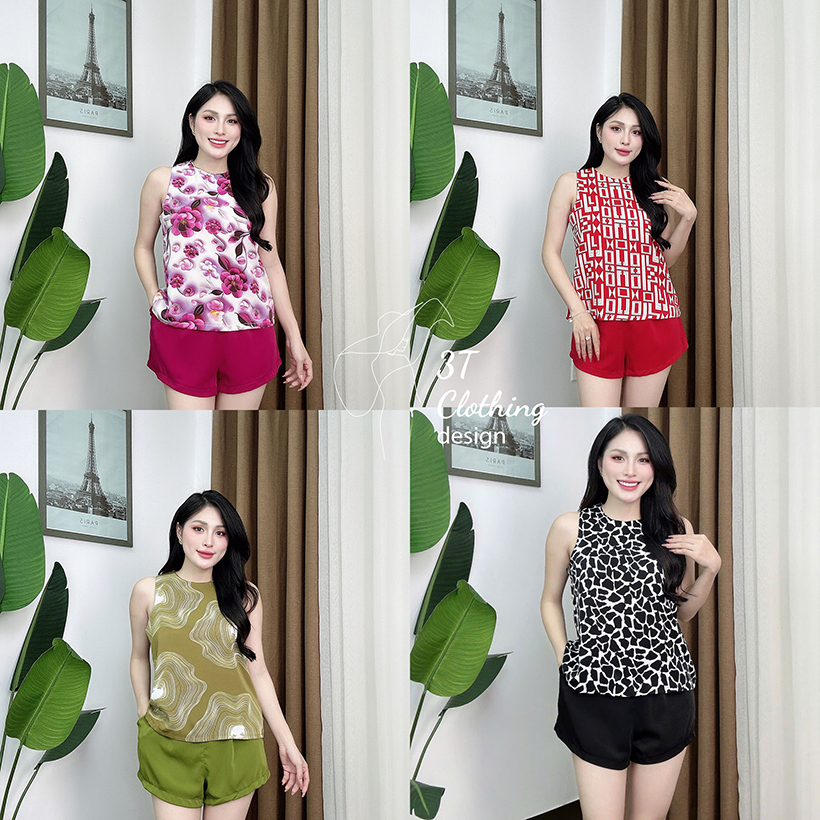  Set đồ bộ đùi nữ thời trang mặc nhà Lụa Mango phối quần trơn cao cấp form bigsize 40 - 80kg mã B12 