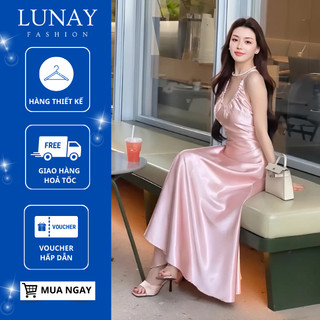 Đầm lụa 2 dây phong cách LUNAY đầm lụa cổ chữ V phong cách tiểu thư đi tiệc [V322]