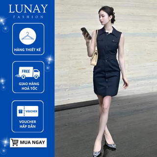 Váy ngắn cổ bẻ phối đai LUNAY  đầm không tay phối khuy phong cách kiểu nữ Hàn Quốc [V330]