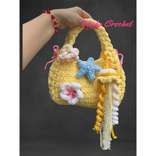 túi len handmade đi biển (đã bao gồm hoa sứ, nơ, sao biển, sứa biển) nhiều phụ kiện