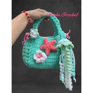 túi len handmade đi biển (đã bao gồm hoa sứ, nơ, sao biển, sứa biển) nhiều phụ kiện