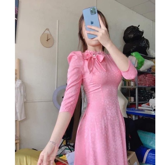 Áo dài gấm lụa nơ kèm quần