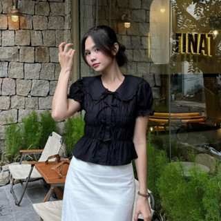 [RÁCH STORE] Áo Kiểu - 456 - Cổ Sen Ren - Nhún - Đính Nơ - Tay Loe